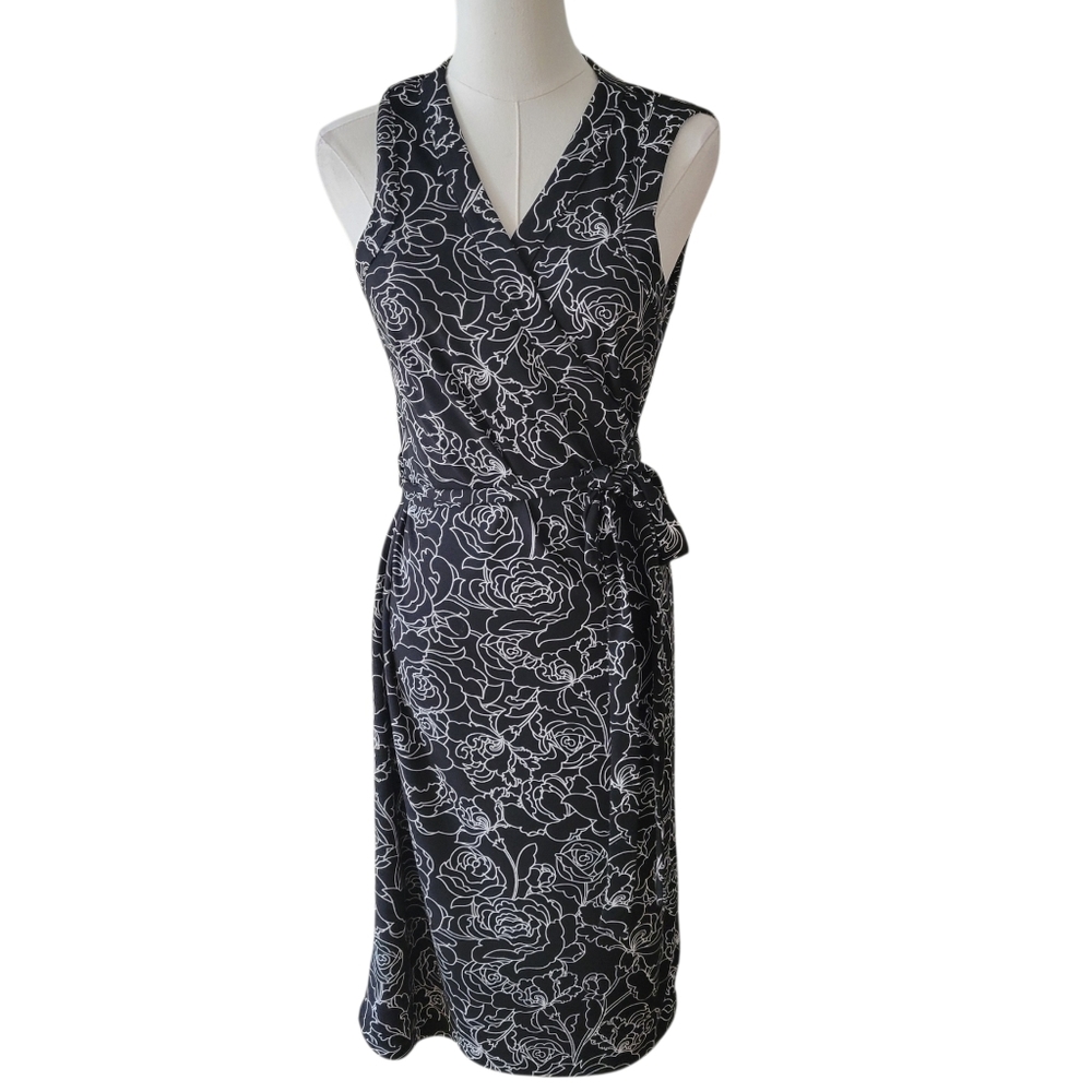 Sleeveless Black & White Floral Wrap Dress